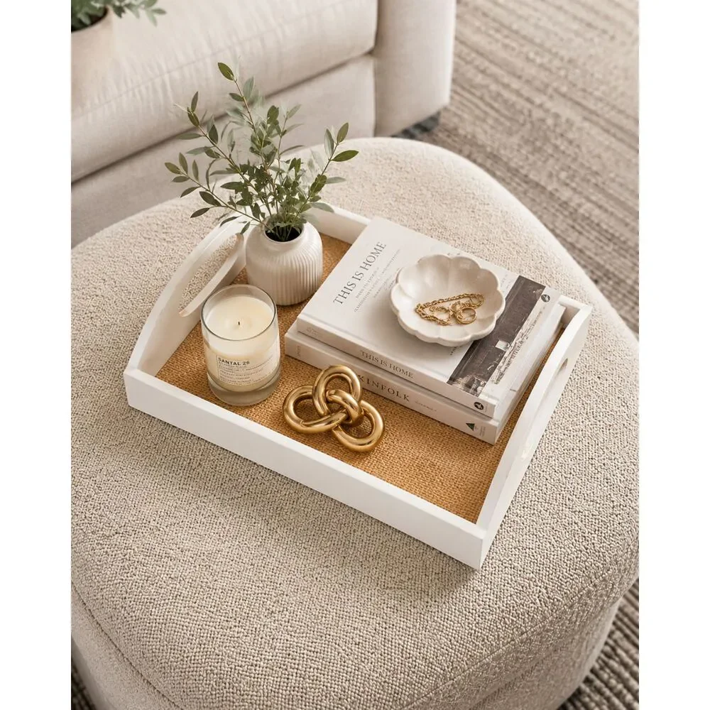 Burlap Insert Tray Farmhouse White Decor Chic Serving Ottoman Jute Quiet Luxury